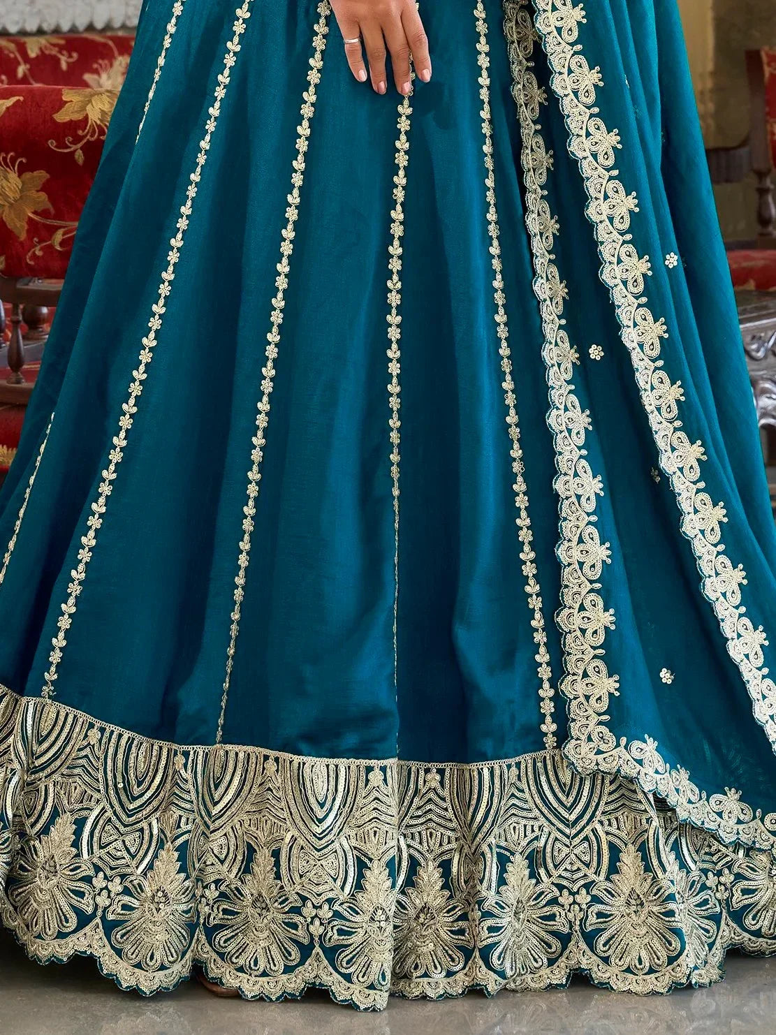 Phenomenal Teal Blue Sequins Vichitra Silk Engagement Wear Lehenga Choli - Ethnic Plus In