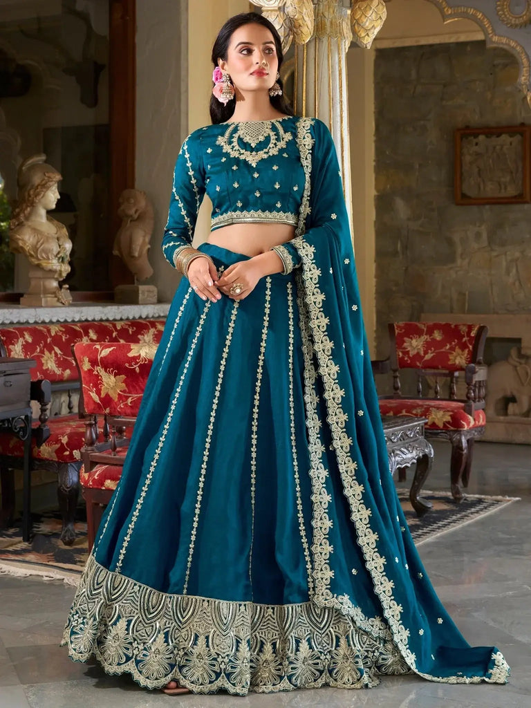 Phenomenal Teal Blue Sequins Vichitra Silk Engagement Wear Lehenga Choli - Ethnic Plus In