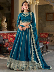 Phenomenal Teal Blue Sequins Vichitra Silk Engagement Wear Lehenga Choli - Ethnic Plus In