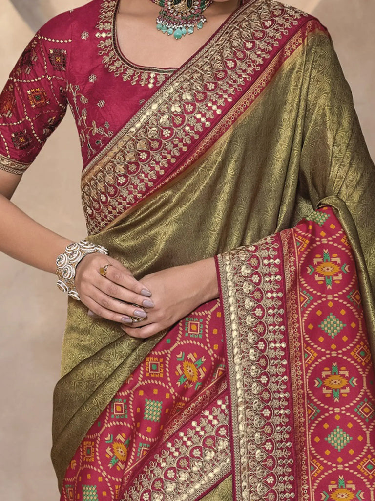 Alluring Olive Color Patola Kanjivaram Weaving Function Wear Saree With Blouse