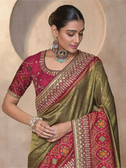 Alluring Olive Color Patola Kanjivaram Weaving Function Wear Saree With Blouse