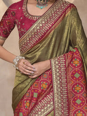 Alluring Olive Color Patola Kanjivaram Weaving Function Wear Saree With Blouse
