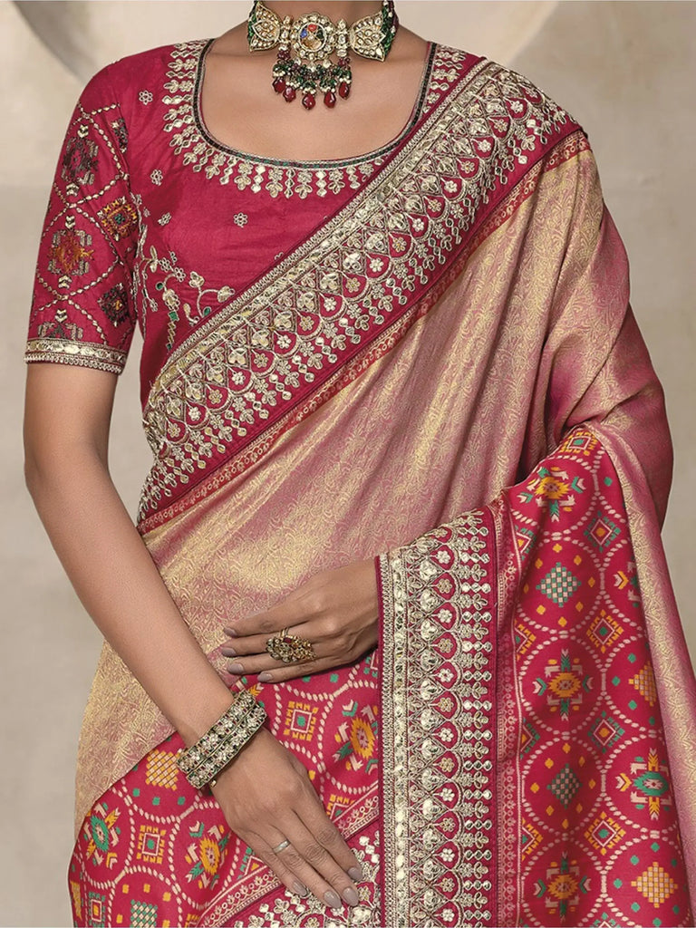 Magnetic Peach Color Patola Kanjivaram Weaving Festival Wear Saree With Blouse
