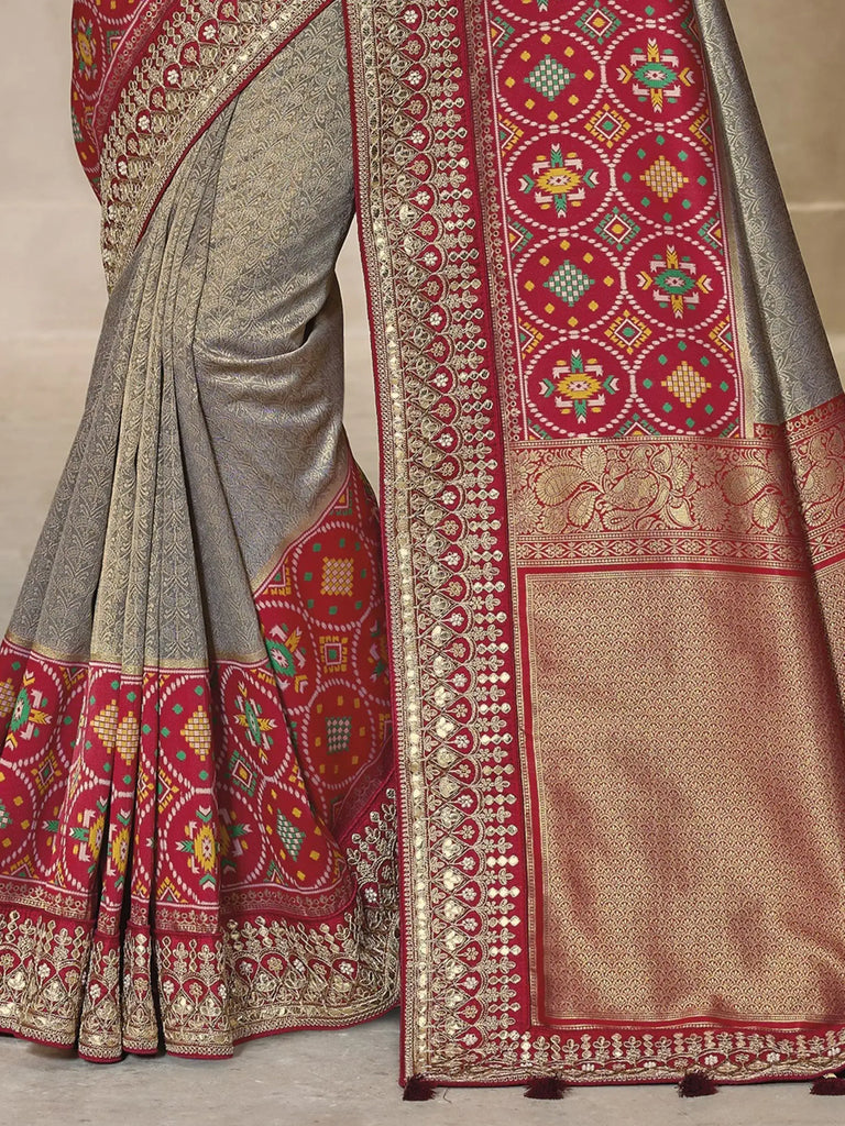 Precious Grey Color Patola Kanjivaram Weaving Event Wear Saree With Blouse