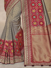 Precious Grey Color Patola Kanjivaram Weaving Event Wear Saree With Blouse