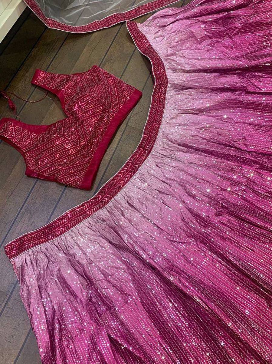 Sparkling pink lehenga choli with sequin work and embroidered blouse, perfect for Indian ethnic occasions