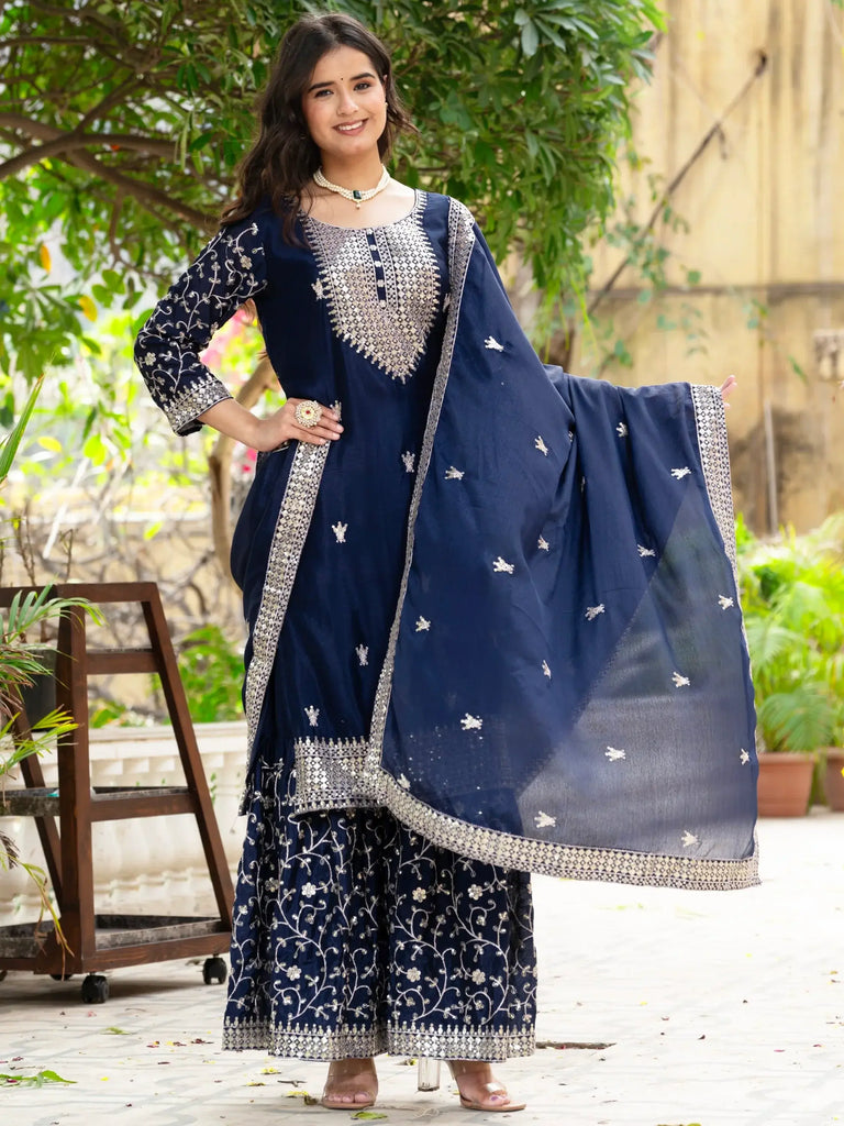 Captivating Navy Blue Sequins Chinon Traditional Sharara Suit With Dupatta