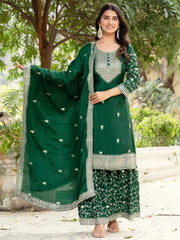 Incredible Green Sequins Chinon Mehendi Wear Sharara Suit With Dupatta