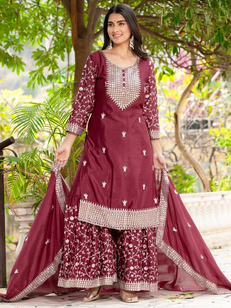 Awesome Maroon Sequins Chinon Wedding Wear Sharara Suit