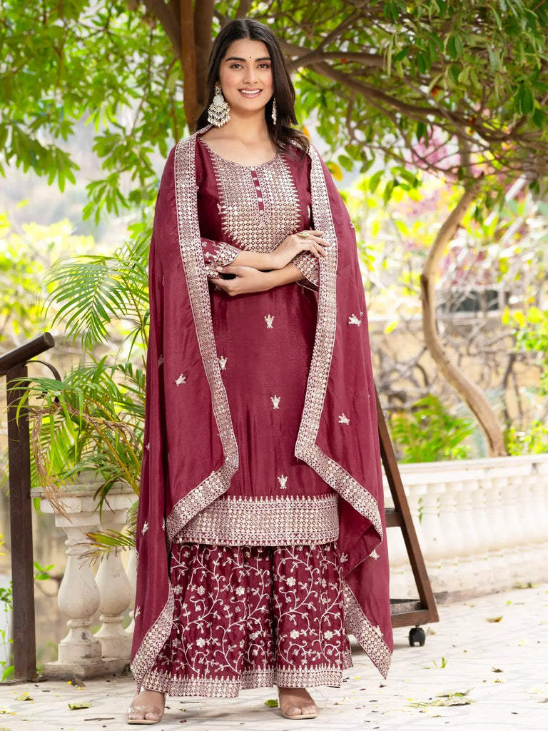 Awesome Maroon Sequins Chinon Wedding Wear Sharara Suit