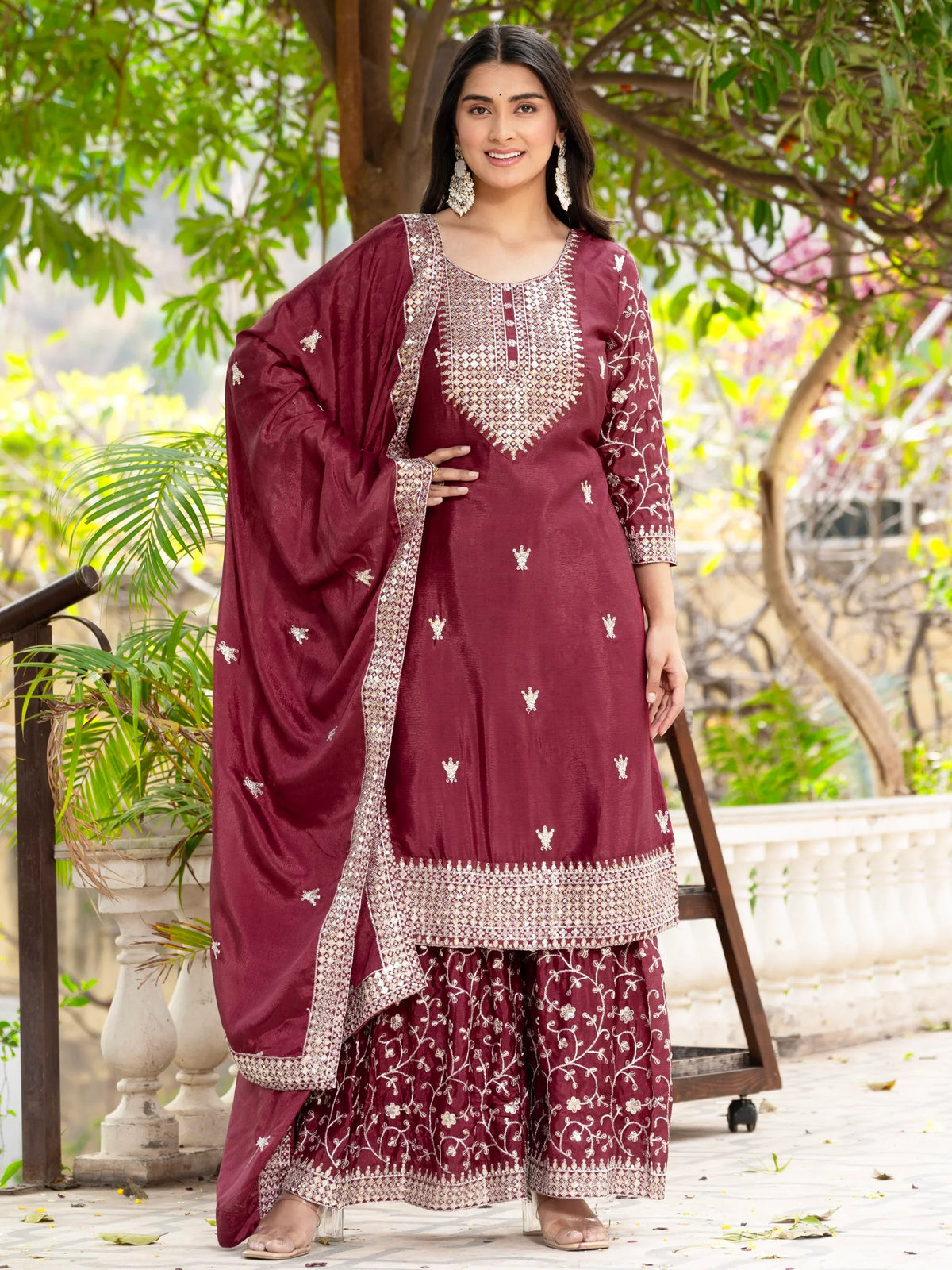 Awesome Maroon Sequins Chinon Wedding Wear Sharara Suit