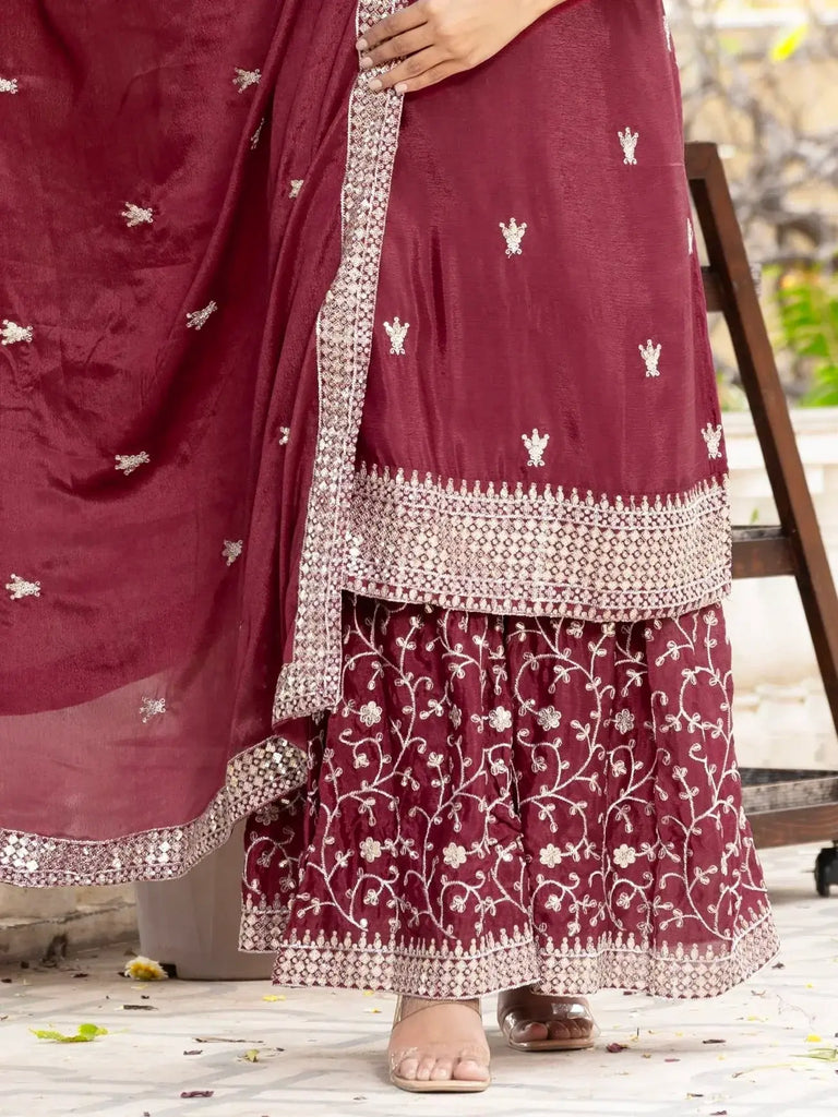 Awesome Maroon Sequins Chinon Wedding Wear Sharara Suit