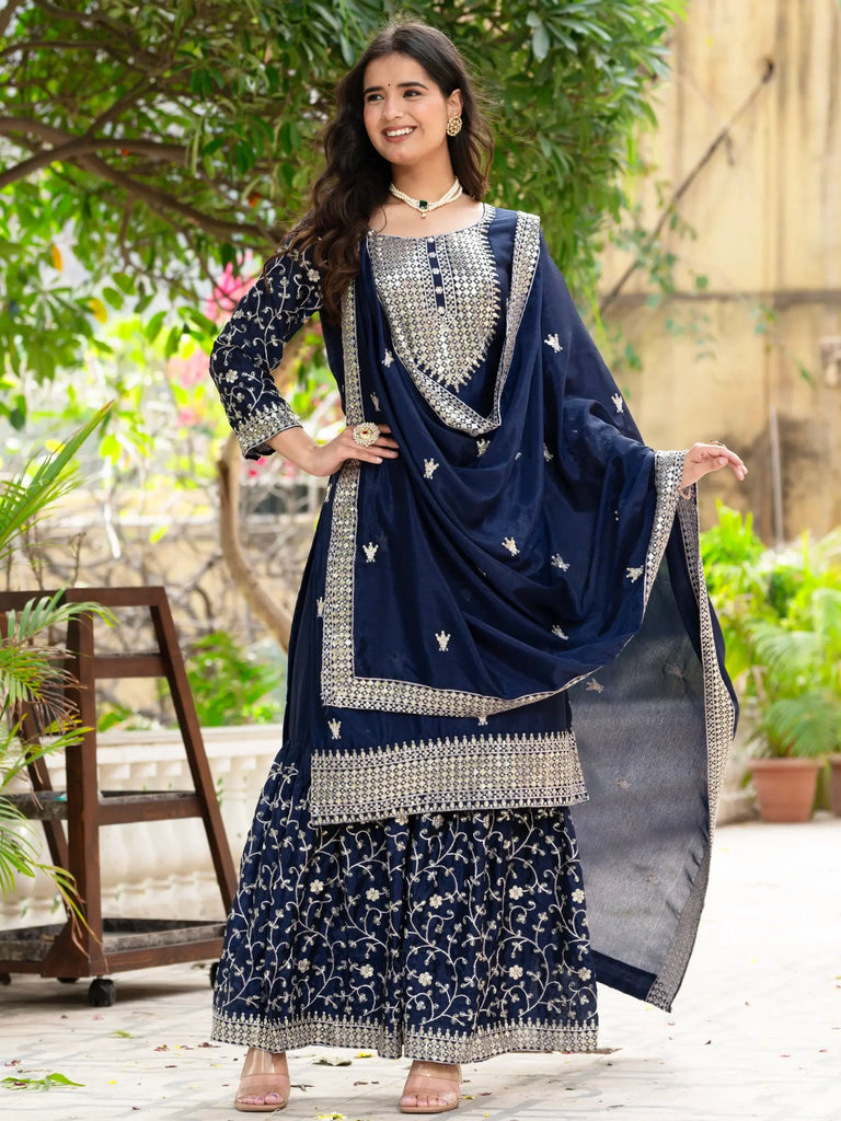 Captivating Navy Blue Sequins Chinon Traditional Sharara Suit With Dupatta