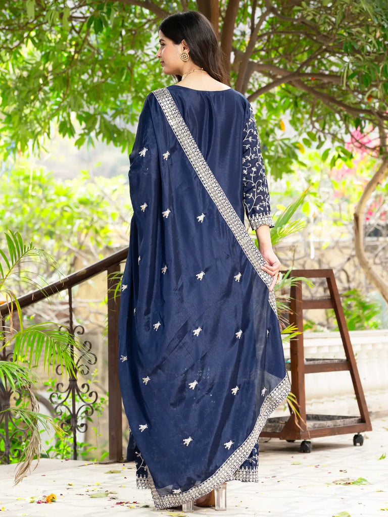 Captivating Navy Blue Sequins Chinon Traditional Sharara Suit With Dupatta