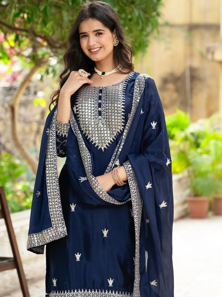 Captivating Navy Blue Sequins Chinon Traditional Sharara Suit With Dupatta