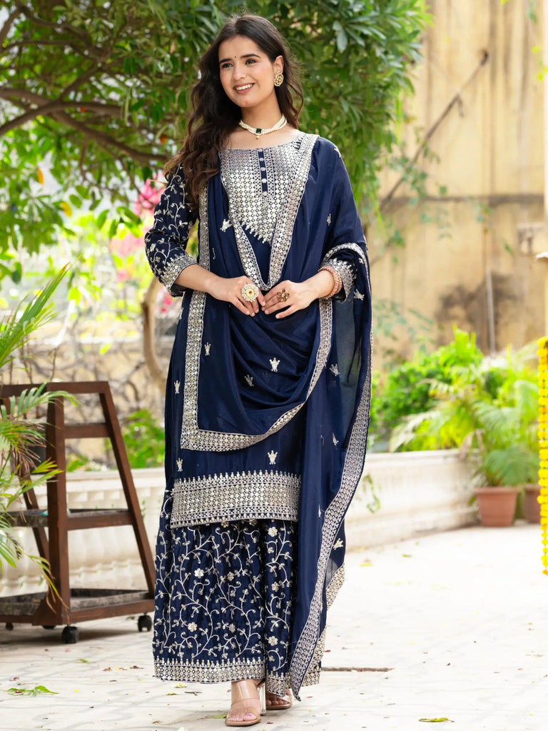 Captivating Navy Blue Sequins Chinon Traditional Sharara Suit With Dupatta