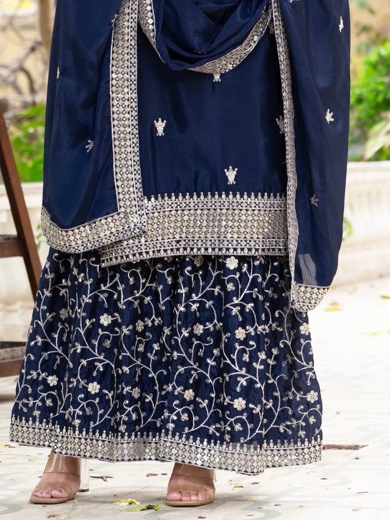 Captivating Navy Blue Sequins Chinon Traditional Sharara Suit With Dupatta