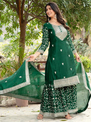 Incredible Green Sequins Chinon Mehendi Wear Sharara Suit With Dupatta