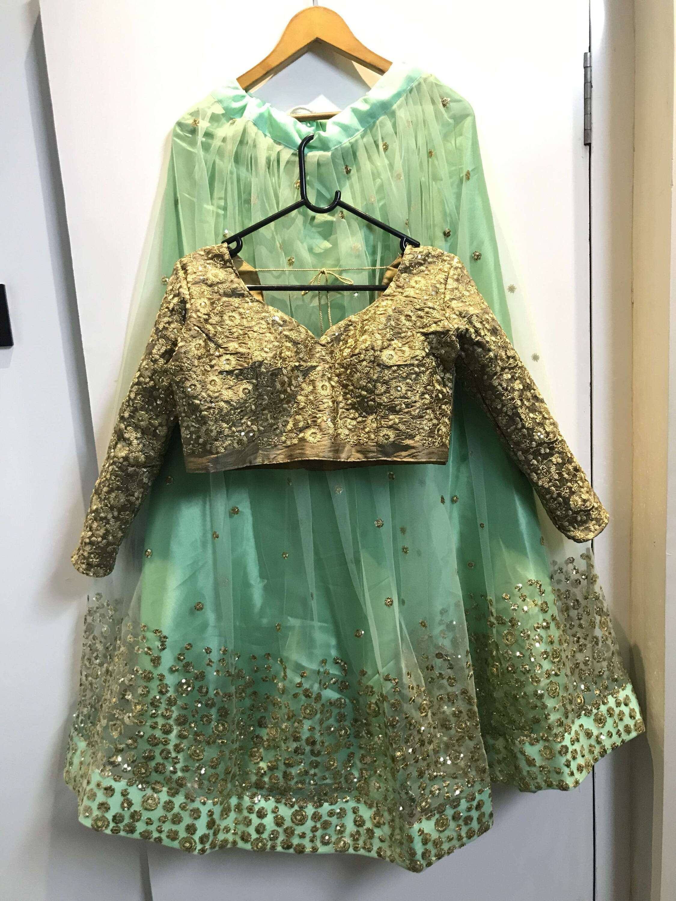 Mint green lehenga with gold embroidered blouse and dupatta, Indian ethnic wear