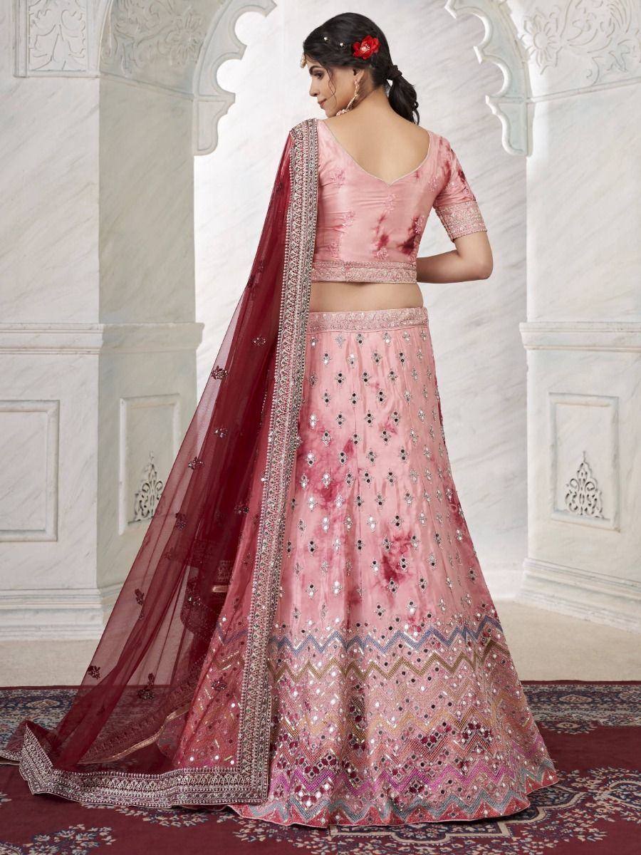 Pink embroidered lehenga choli with maroon dupatta, Indian ethnic wear for weddings and festivals