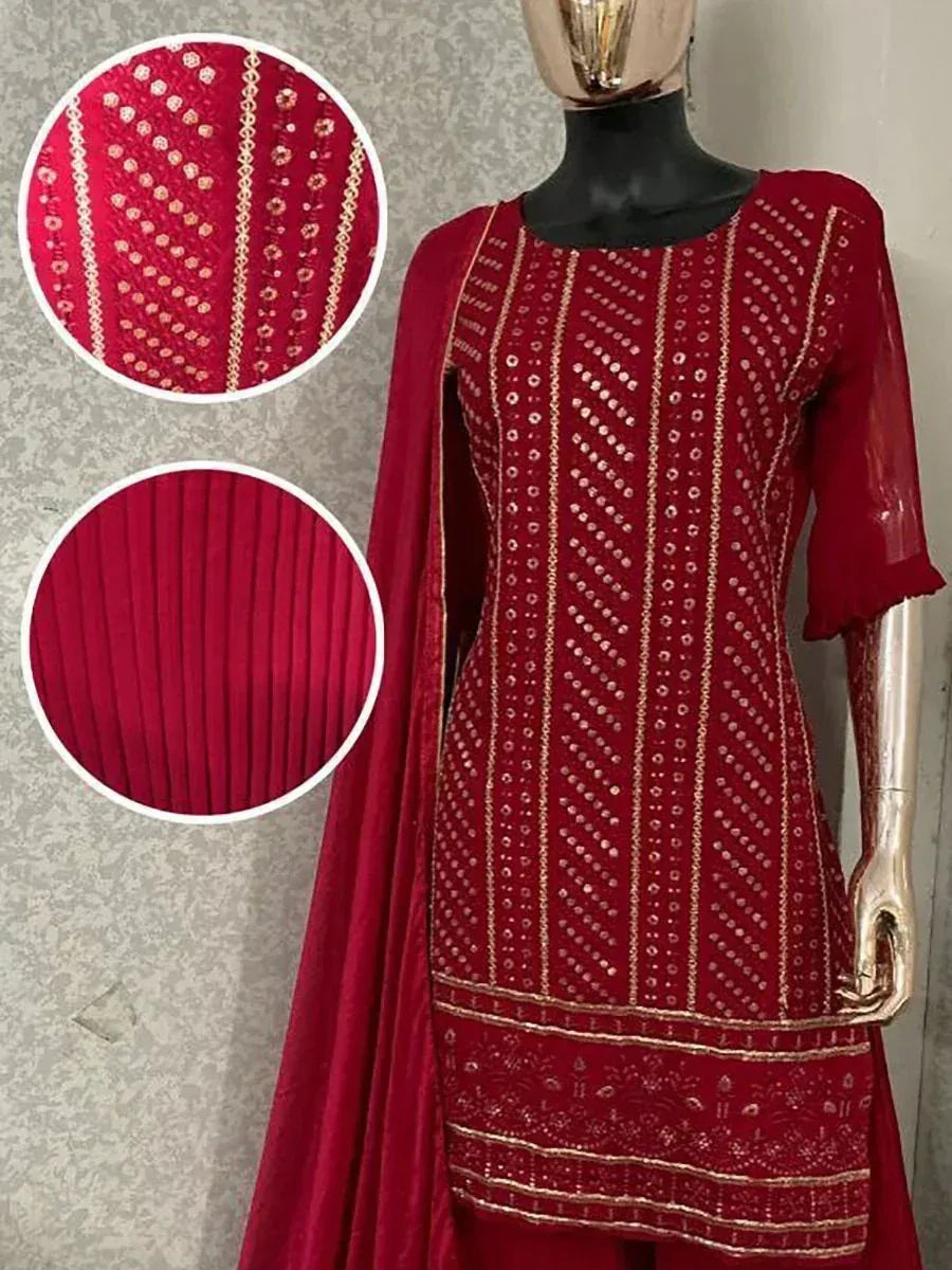 Red salwar kameez set with gold embroidered patterns and matching chiffon dupatta