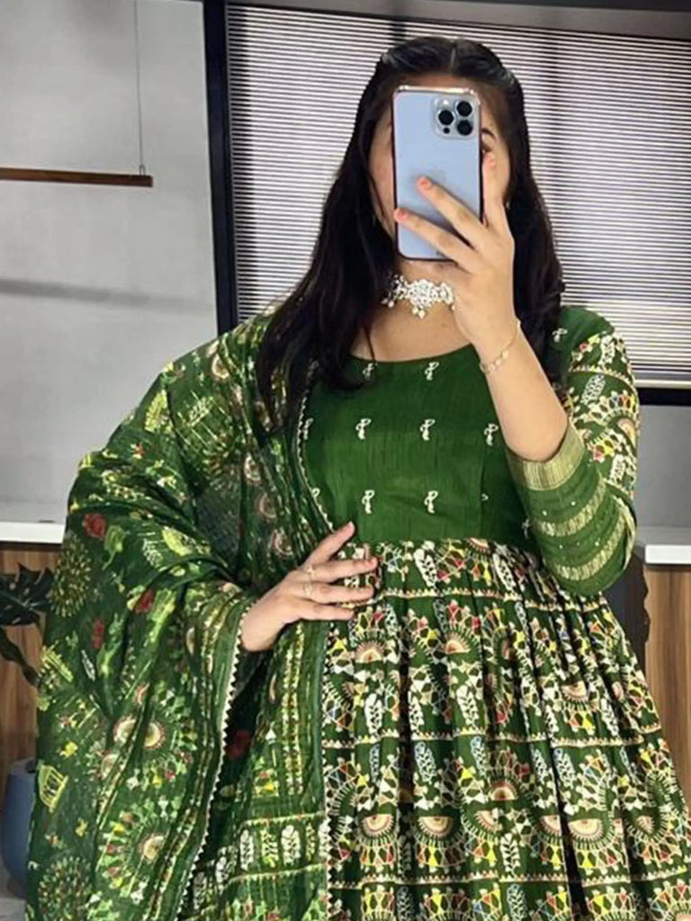 Mesmerizing Olive Green Zari Weaving Cotton Silk Event Wear Gown