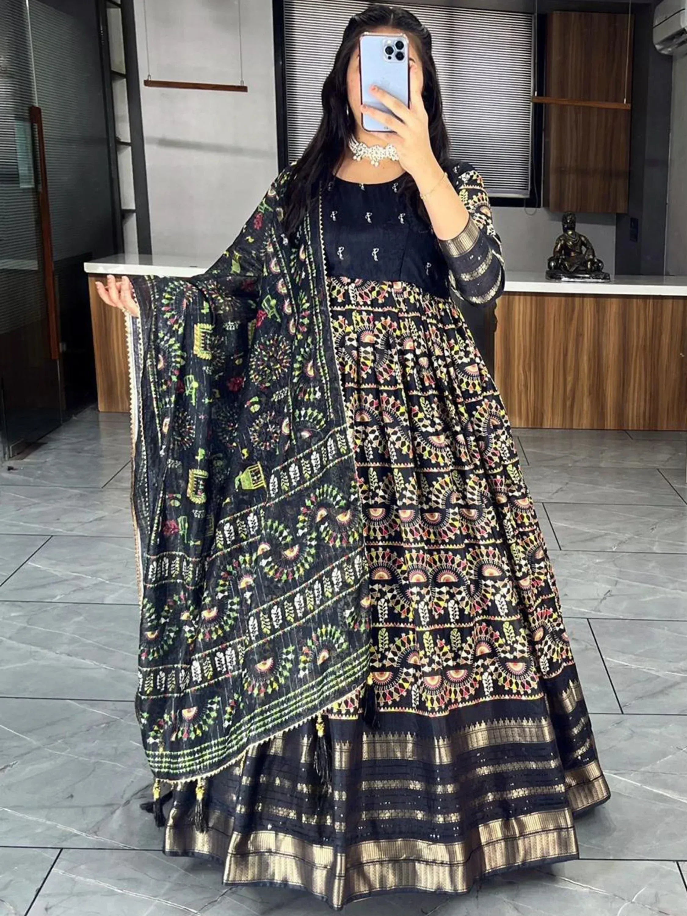 Black embroidered anarkali suit with colorful printed dupatta, ethnic Indian wear for women