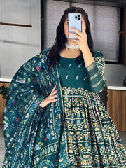 Memorable Teal Blue Zari Weaving Cotton Silk Wedding Wear Gown