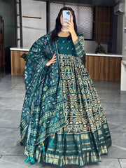 Memorable Teal Blue Zari Weaving Cotton Silk Wedding Wear Gown