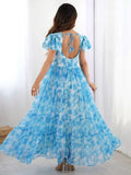 Charming Sky Blue Printed Georgette Casual Wear Dress
