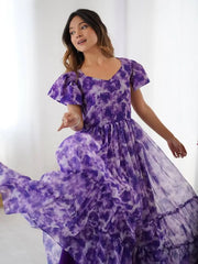 Elegant Purple Printed Georgette Casual Wear Dress