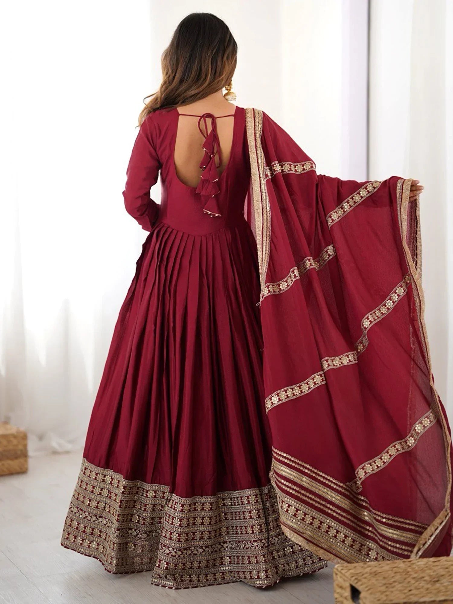 Outstanding Maroon Sequins Embroidered Silk Festive Wear Anarkali Suit