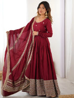 Outstanding Maroon Sequins Embroidered Silk Festive Wear Anarkali Suit