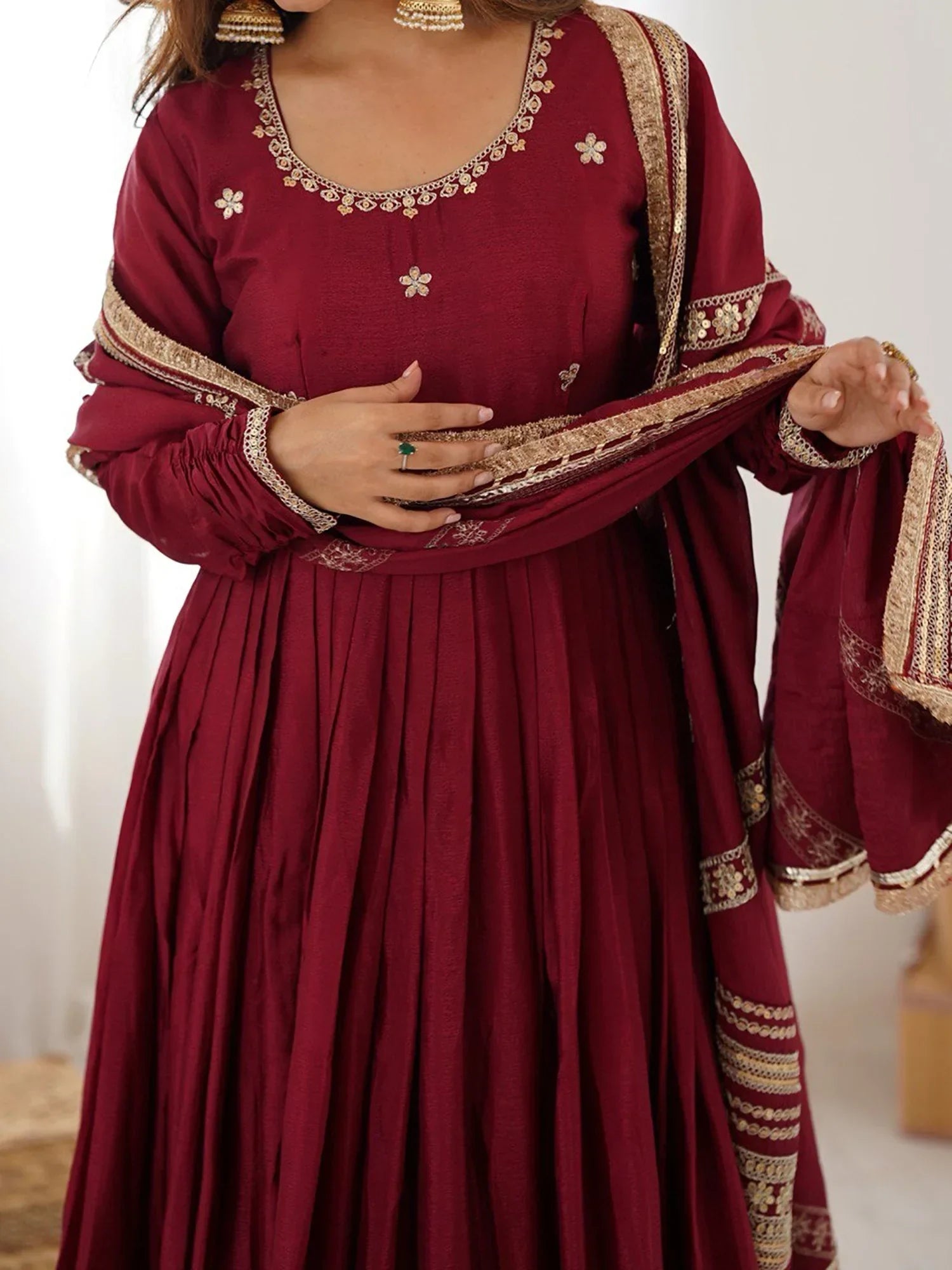 Outstanding Maroon Sequins Embroidered Silk Festive Wear Anarkali Suit
