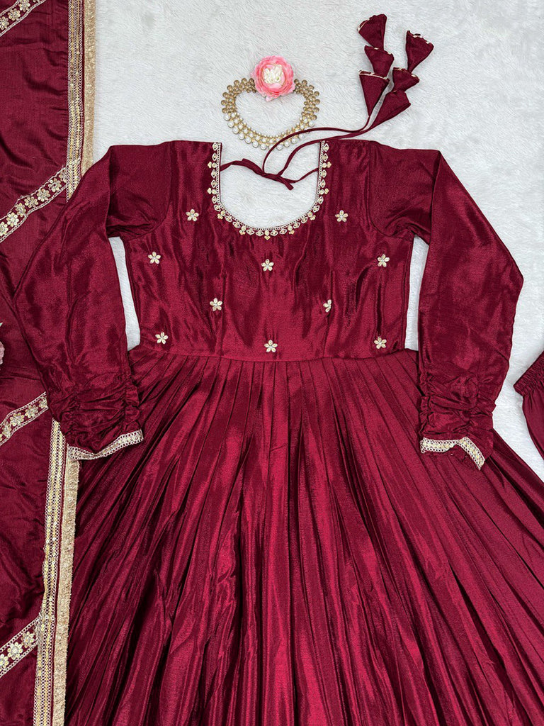 Outstanding Maroon Sequins Embroidered Silk Festive Wear Salwar Kameez