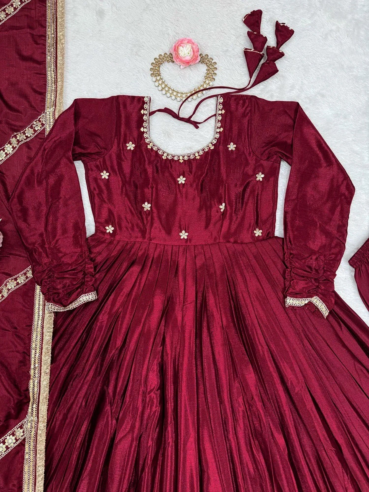 Outstanding Maroon Sequins Embroidered Silk Festive Wear Anarkali Suit