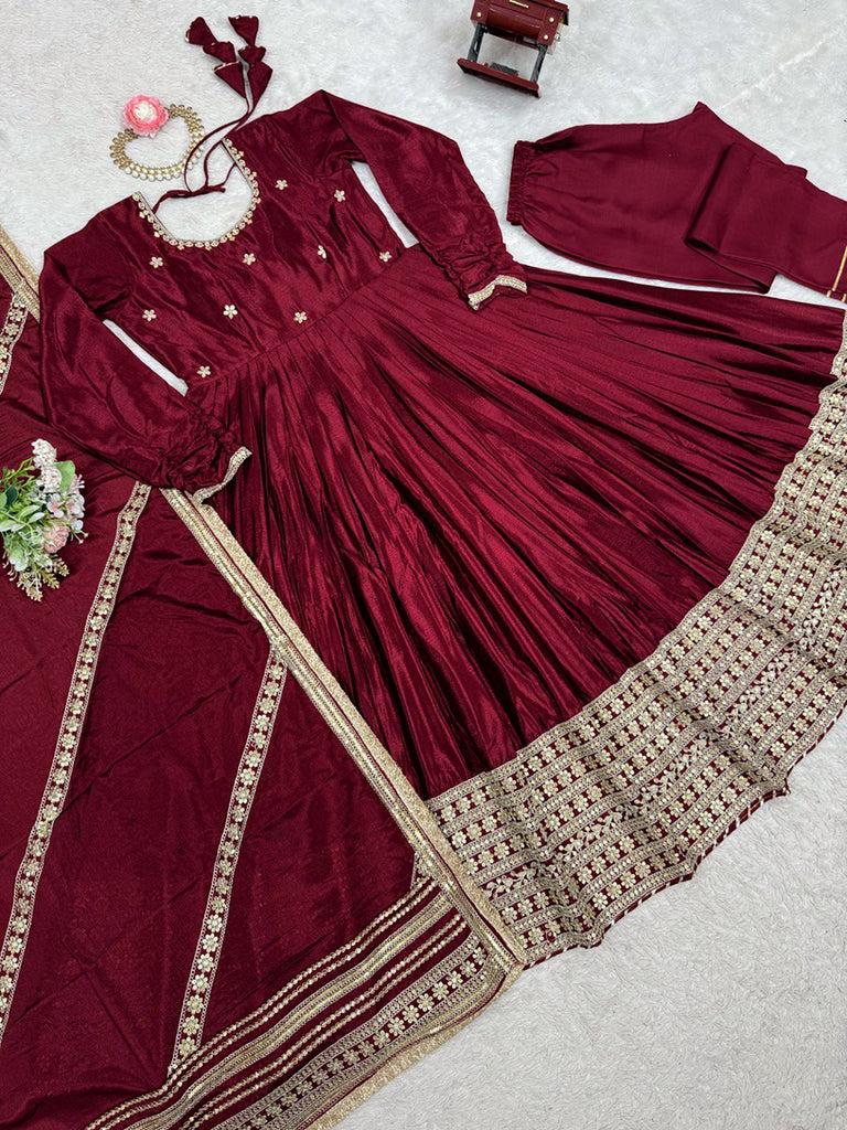 Outstanding Maroon Sequins Embroidered Silk Festive Wear Salwar Kameez