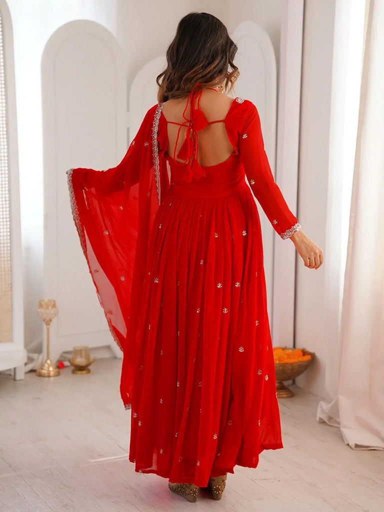 Gorgeous Red Thread Embroidered Georgette Festive Wear Anarkali Suit
