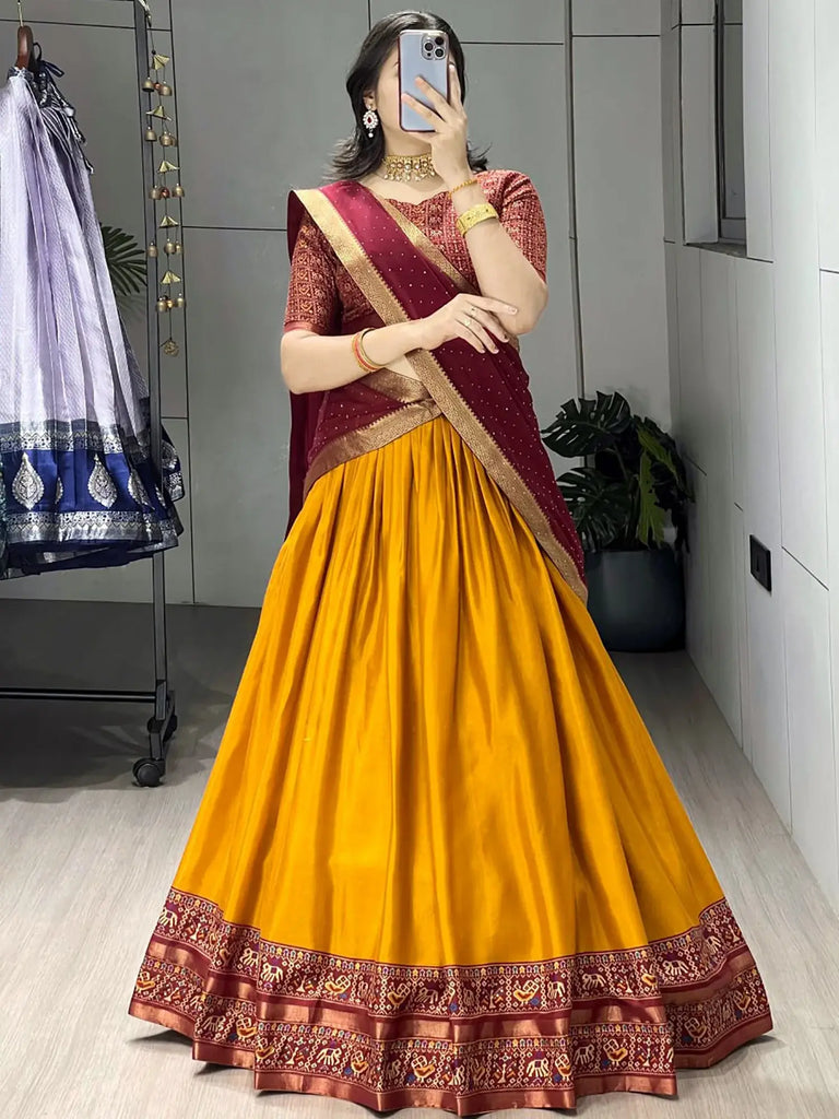 Charming Mustard Printed Cotton Wedding Wear Half Saree Lehenga