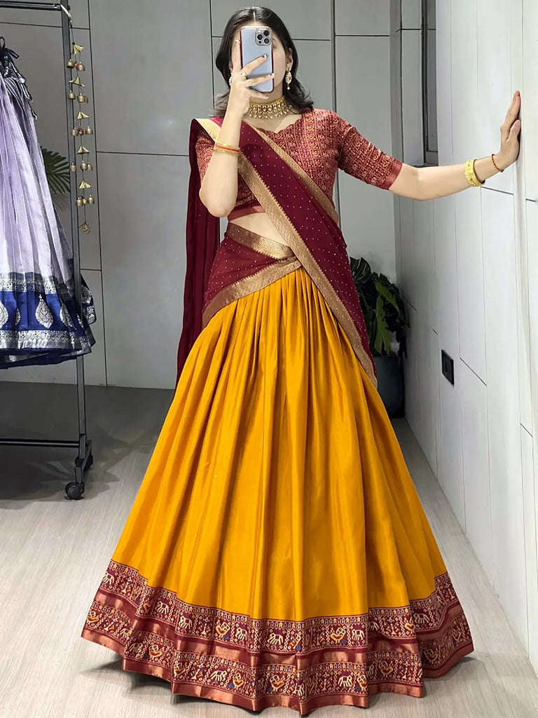 Charming Mustard Printed Cotton Wedding Wear Half Saree Lehenga