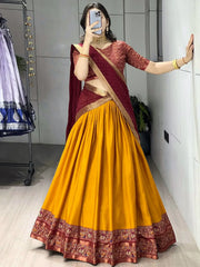 Charming Mustard Printed Cotton Wedding Wear Half Saree Lehenga