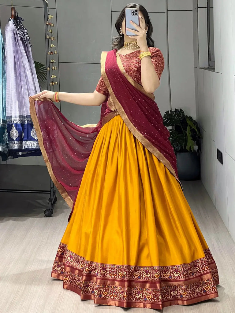 Charming Mustard Printed Cotton Wedding Wear Half Saree Lehenga