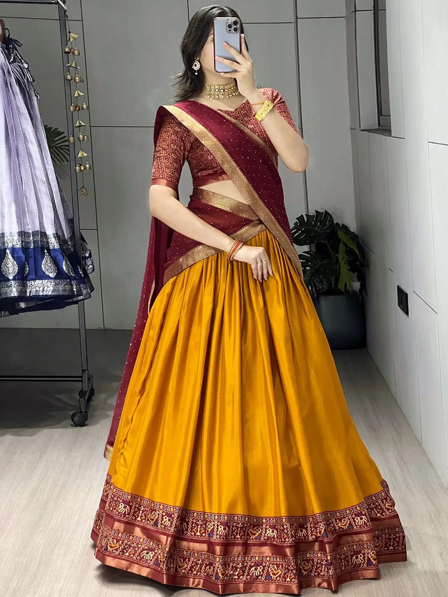 Charming Mustard Printed Cotton Wedding Wear Half Saree Lehenga