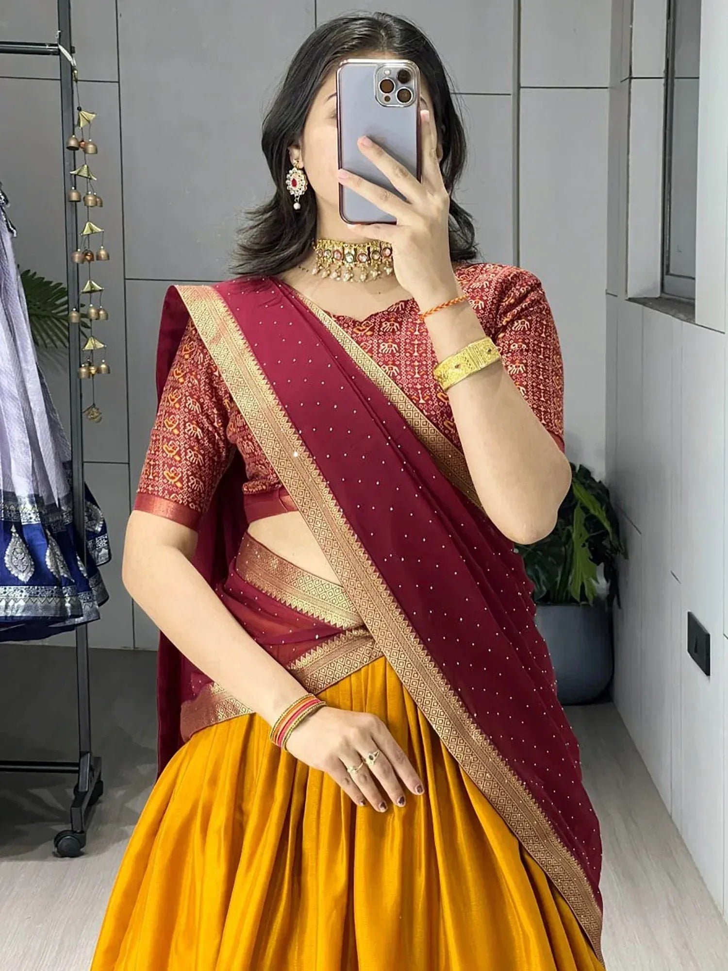 Charming Mustard Printed Cotton Wedding Wear Half Saree Lehenga