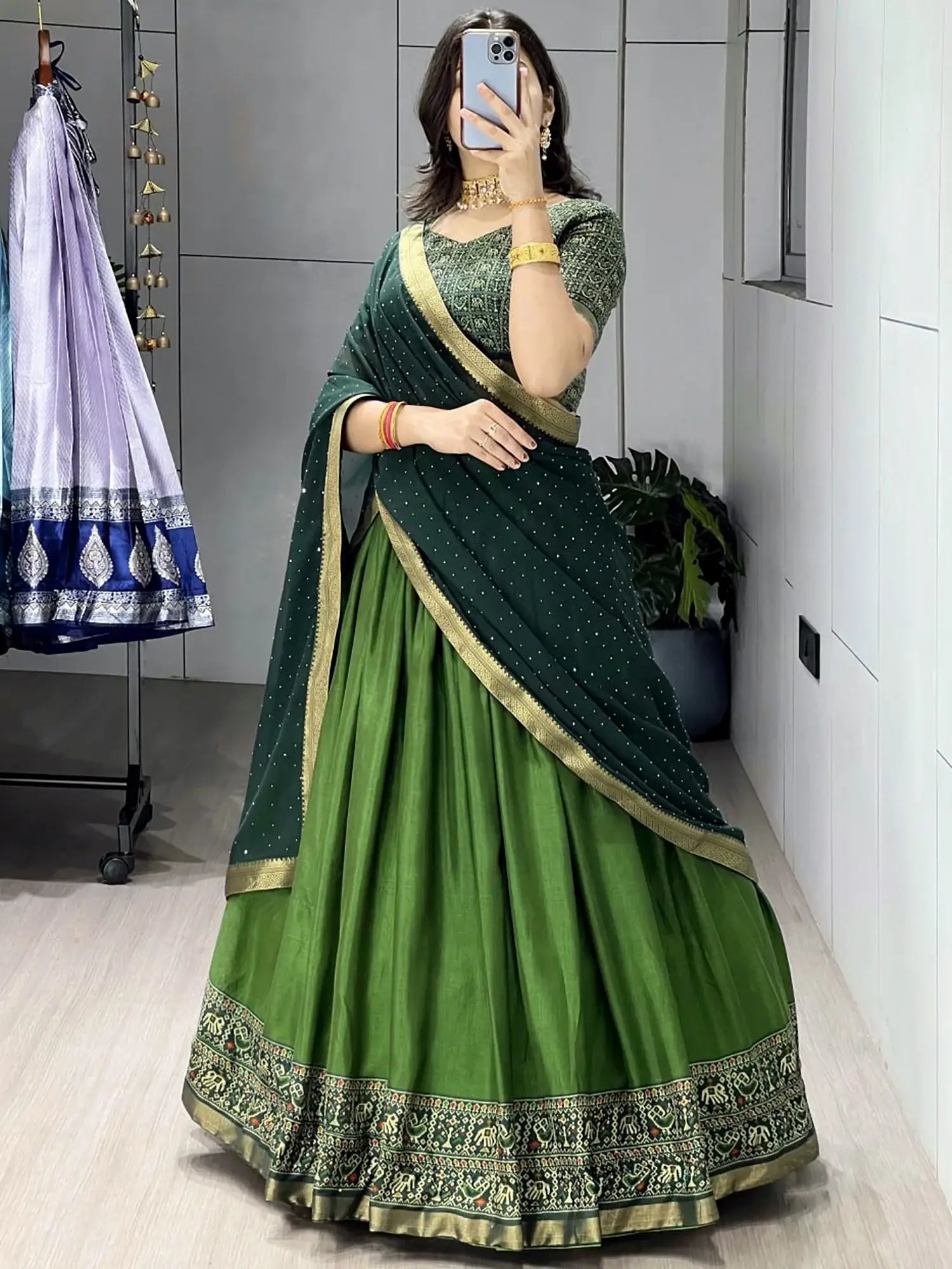 Dazzling Green Printed Cotton Function Wear Half Saree Lehenga 