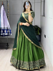 Dazzling Green Printed Cotton Function Wear Half Saree Lehenga 