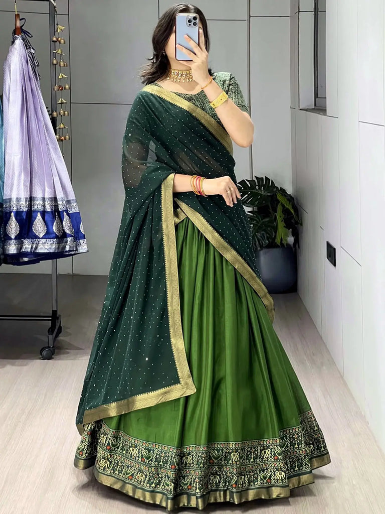 Dazzling Green Printed Cotton Function Wear Half Saree Lehenga 