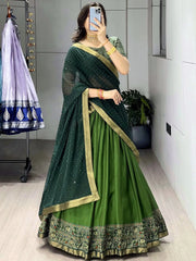 Dazzling Green Printed Cotton Function Wear Half Saree Lehenga 
