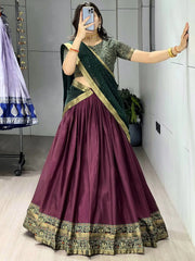 Stunning Wine Printed Cotton Festival Wear Half Saree Lehenga 