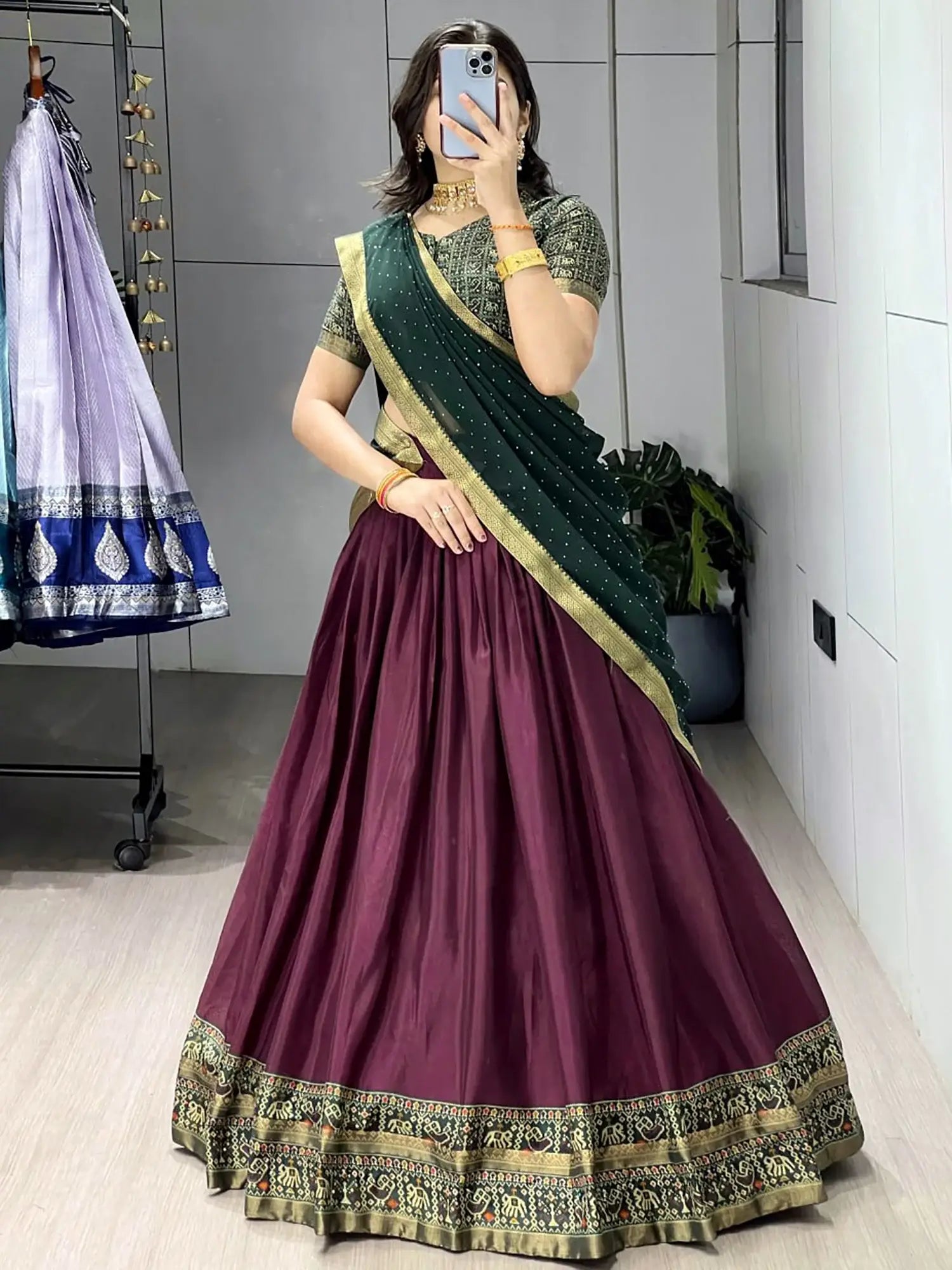 Stunning Wine Printed Cotton Festival Wear Half Saree Lehenga 
